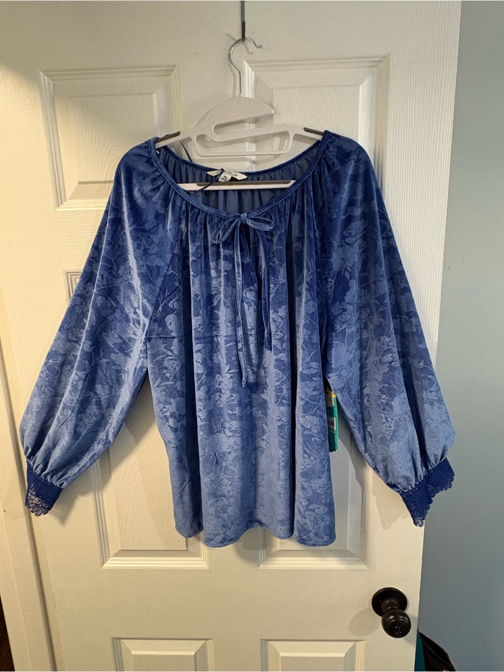 The Pioneer Woman - Blue Velvet Floral Peasant Blouse with Tie Neck -XXL
